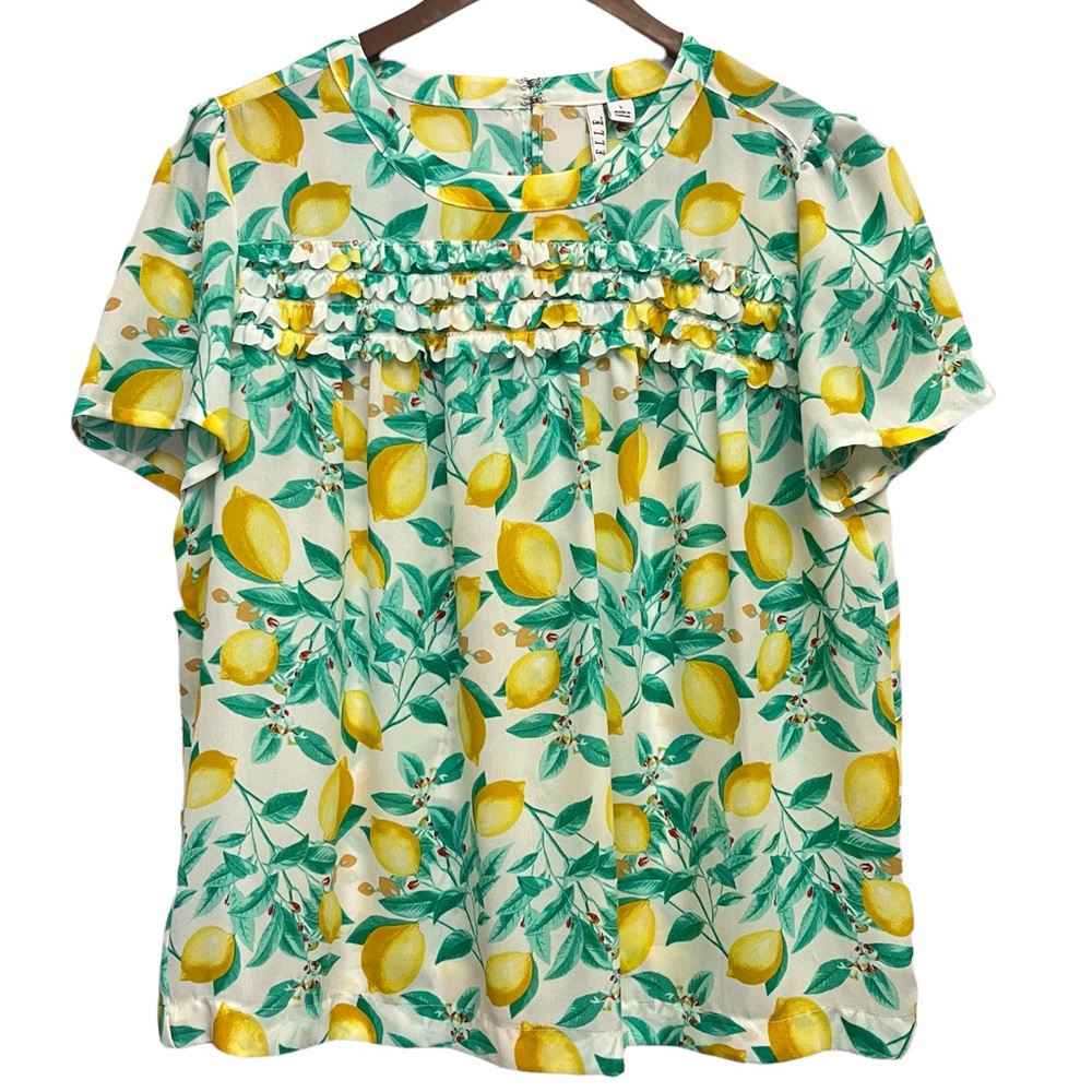 Elle Citrus Lemon Fruit Print Ruffle Short Sleeve Top